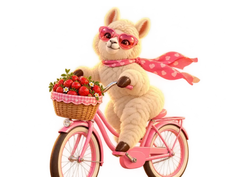 The llama riding a pink bike with a basket full of strawberries