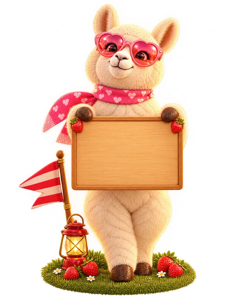 The llama holding up a wooden sign with your camp's name, next to a red and white pennant and a lantern