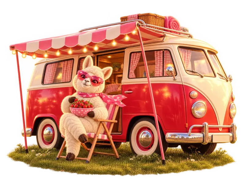 The llama in a folding chair with a bowl of strawberries next to a red and cream camper van