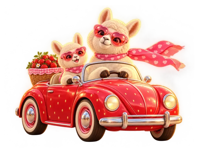 Two llamas carpooling in a red strawberry convertible with a basket of strawberries in the back