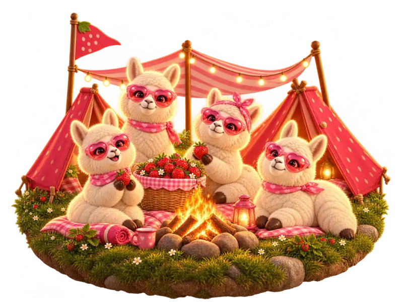 Four llamas around a campfire between strawberry tents, sharing a basket of strawberries