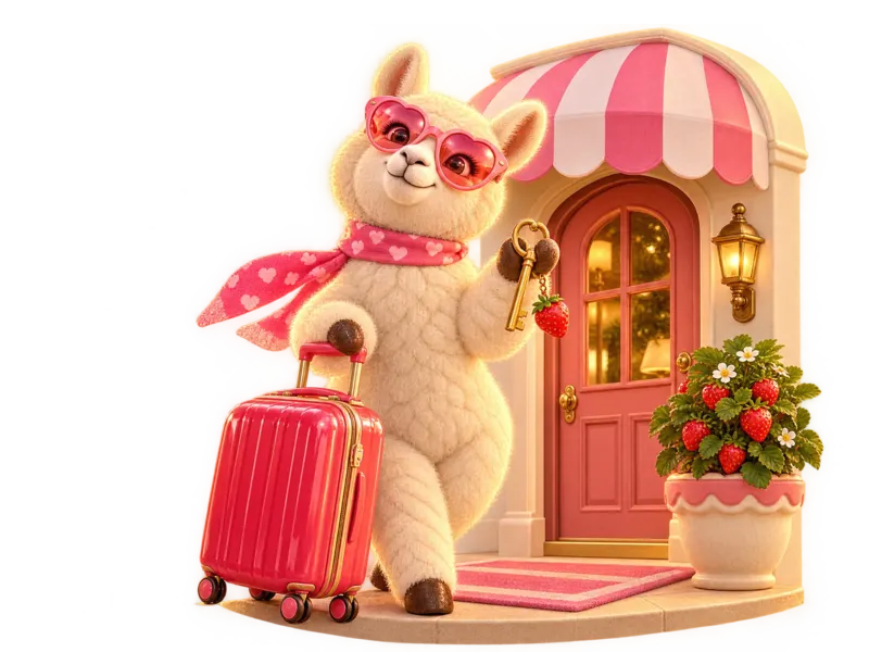 The llama with a red suitcase and a room key at the entrance of a small hotel