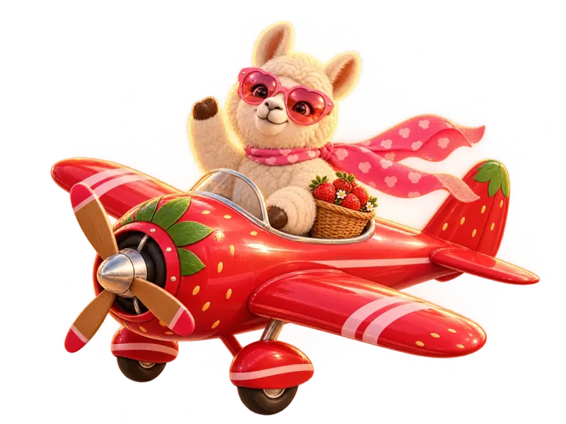 The llama waving from a red strawberry propeller plane, a basket of strawberries beside it