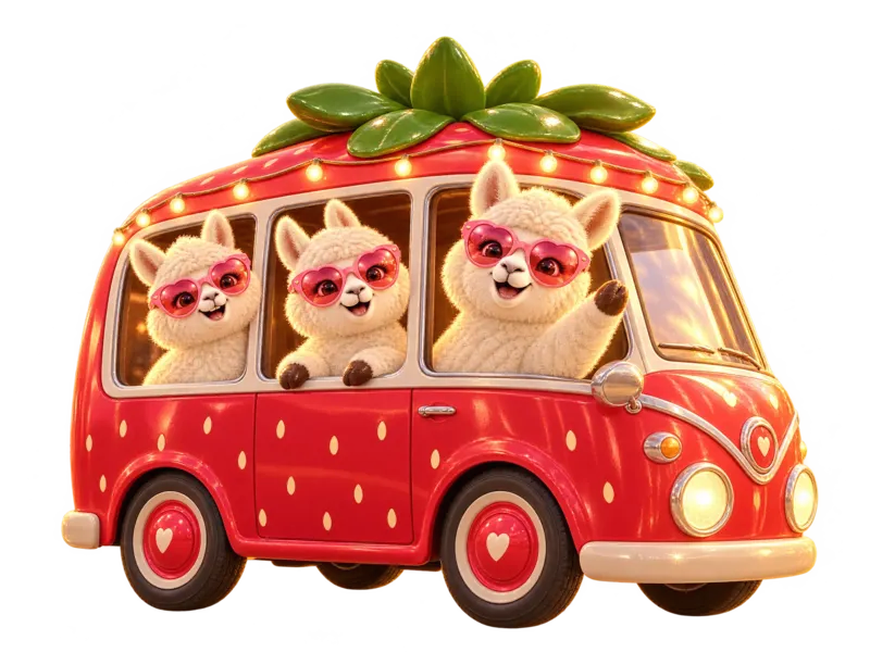 Three llamas waving from a red strawberry shuttle bus with a leafy crown and string lights