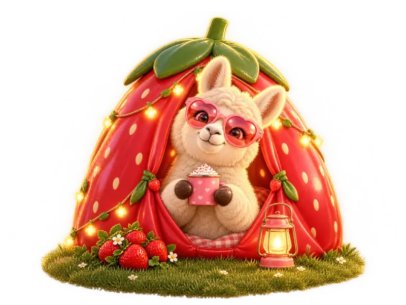 The llama peeking out of a strawberry-shaped tent