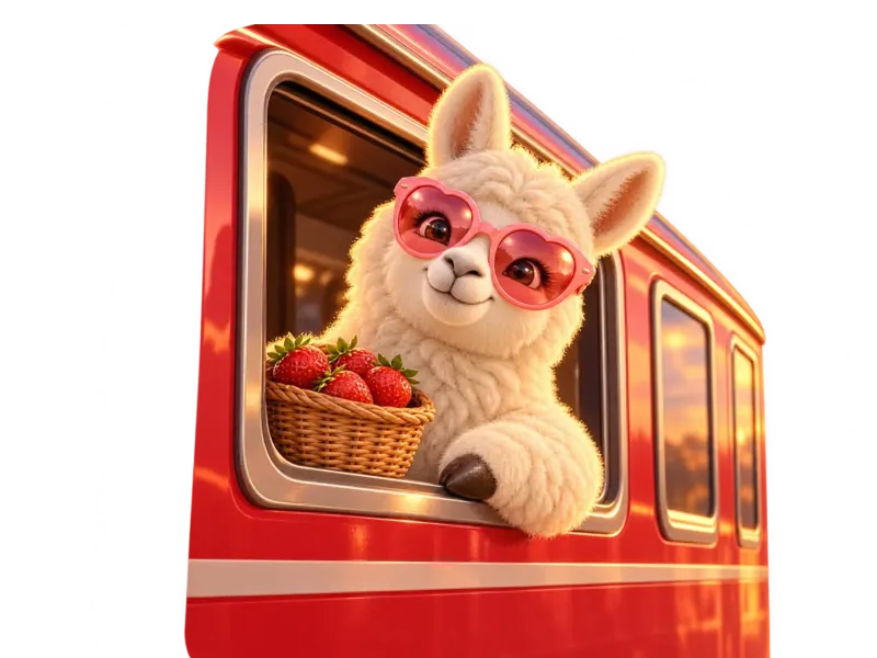 The llama leaning out of a red train window