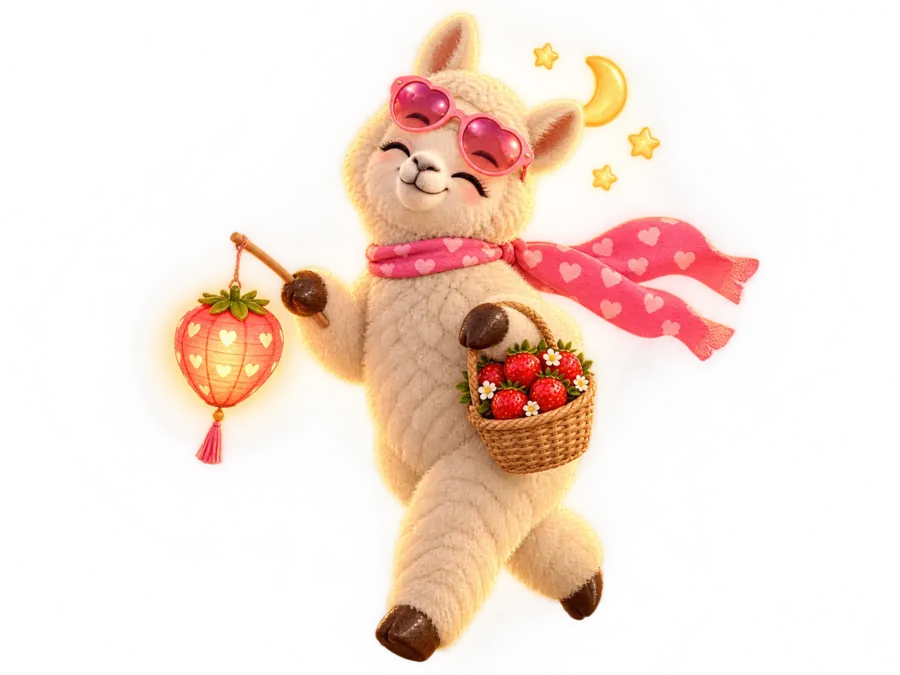 The happy, sleepy llama walking home with a glowing strawberry lantern and a basket of strawberries